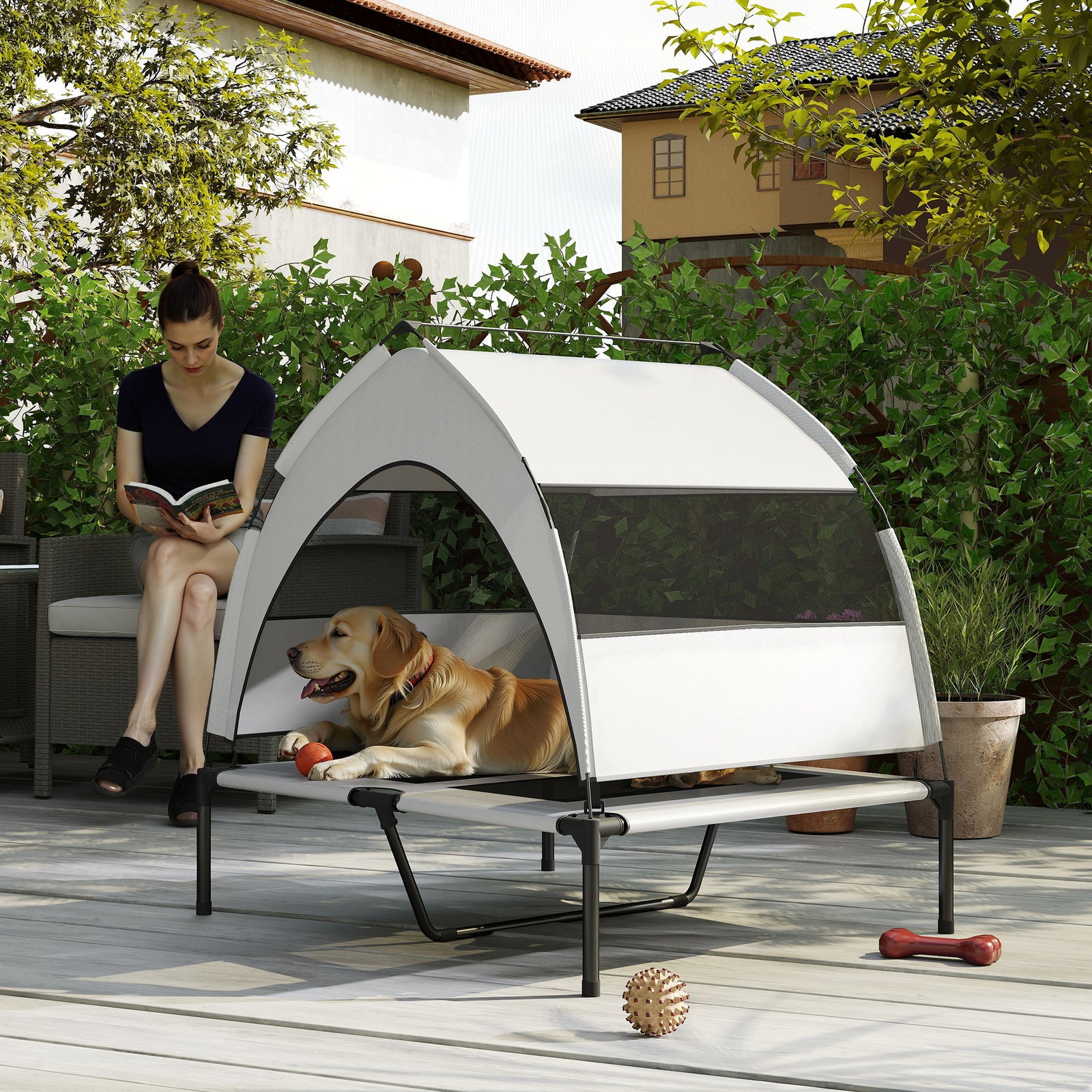Pawhut Portable Elevated Dog Bed With Removable Canopy, 92 X 75 X 89 Cm