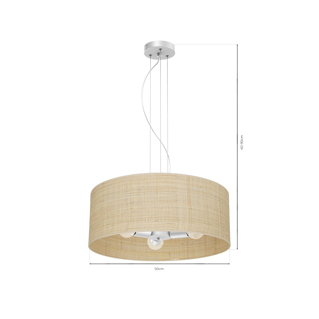 Marshall Hand Made Designer Pendant Lamp In Matt White Metal And Natural Rattan Coloured Fabric