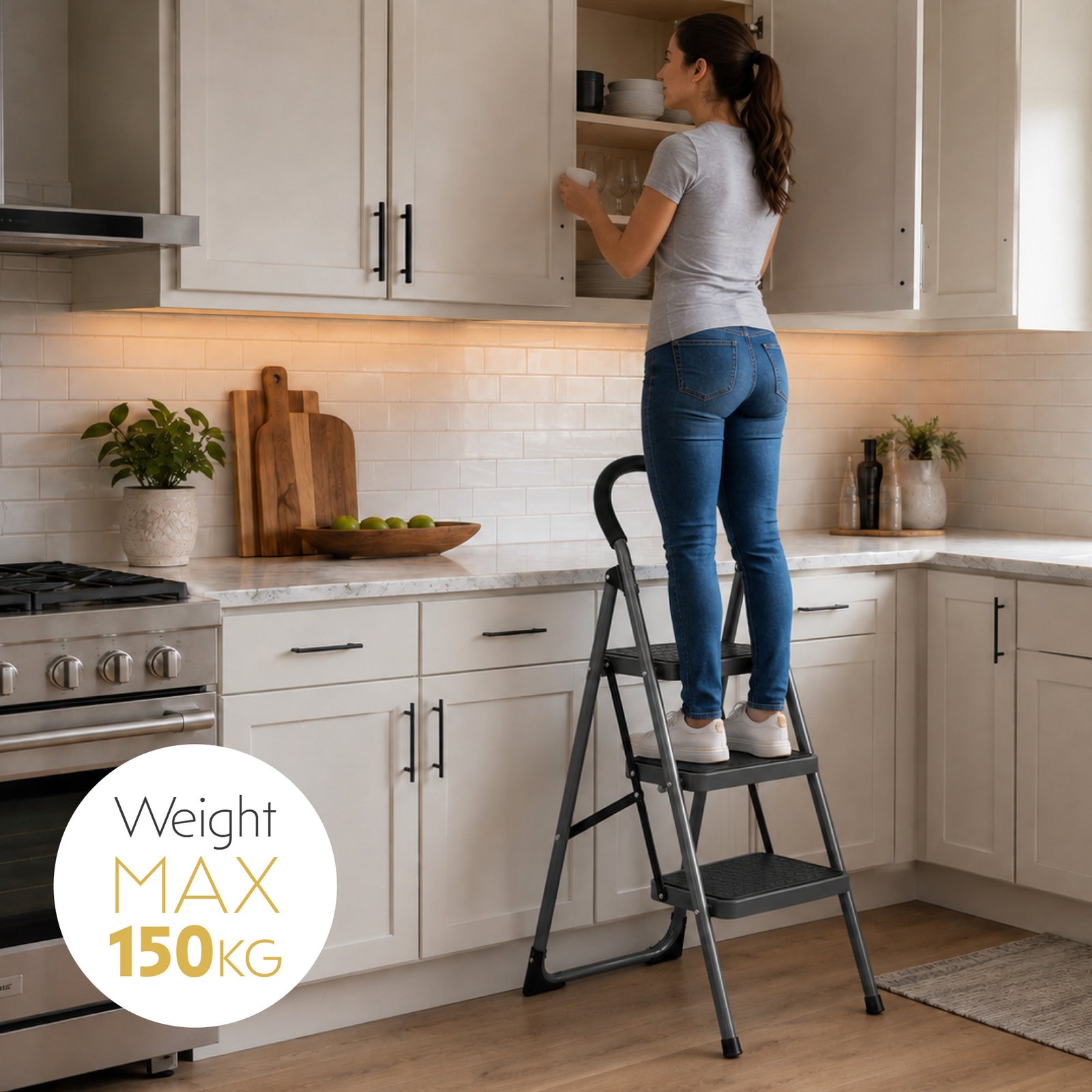 Step Ladder Premium Heavy-duty Steel Folding Step Stool 150kg Capacity | 3 Step | Grey