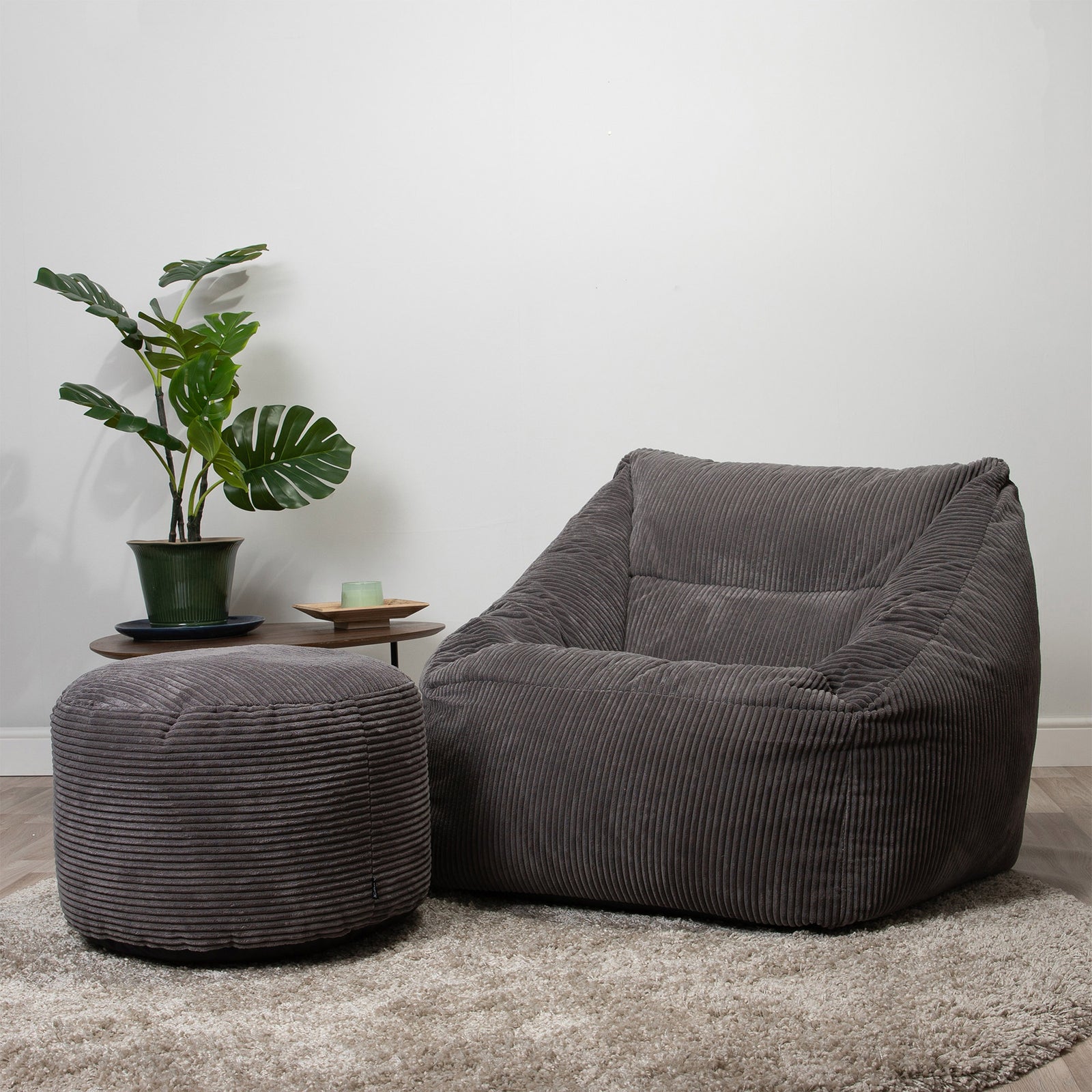 Morgan Cord Armchair & Pouffe Set | Charcoal