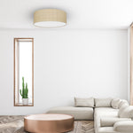 Marshall Hand Made Designer Ceiling Lamp In Matt White Metal And Natural Rattan Coloured Fabric