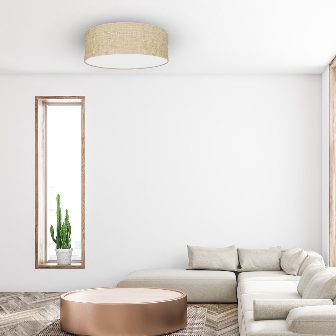 Marshall Hand Made Designer Ceiling Lamp In Matt White Metal And Natural Rattan Coloured Fabric