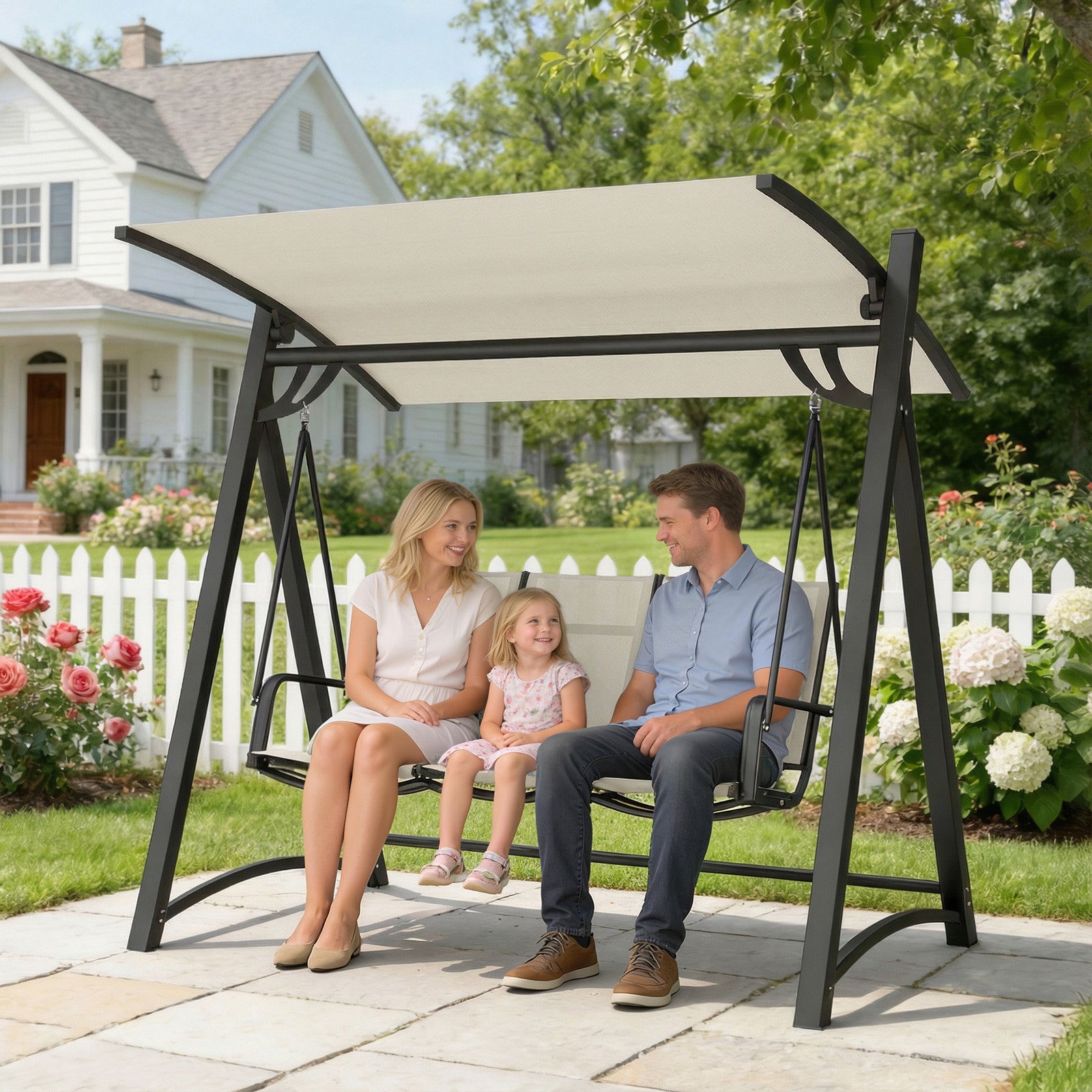 3 Seater Swing Chair, Garden Swing Bench With Adjustable Canopy | Cream