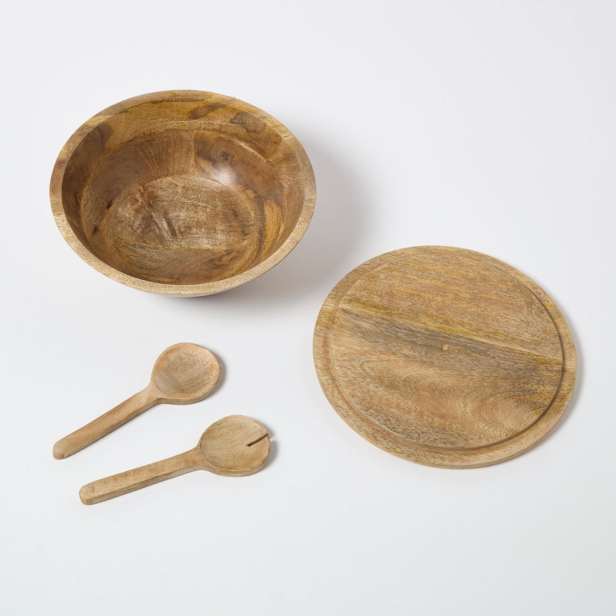 HOMESCAPES Mango Wood Serving Bowl & Cutlery Set