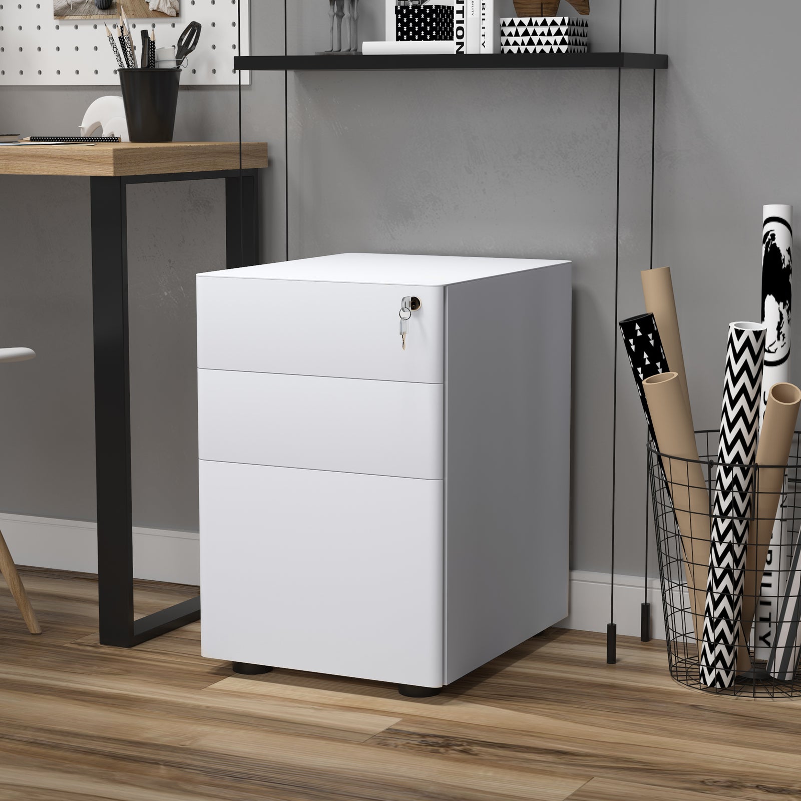 3 Drawer Metal Filing Cabinet Lockable 5 Wheels | One Size | White