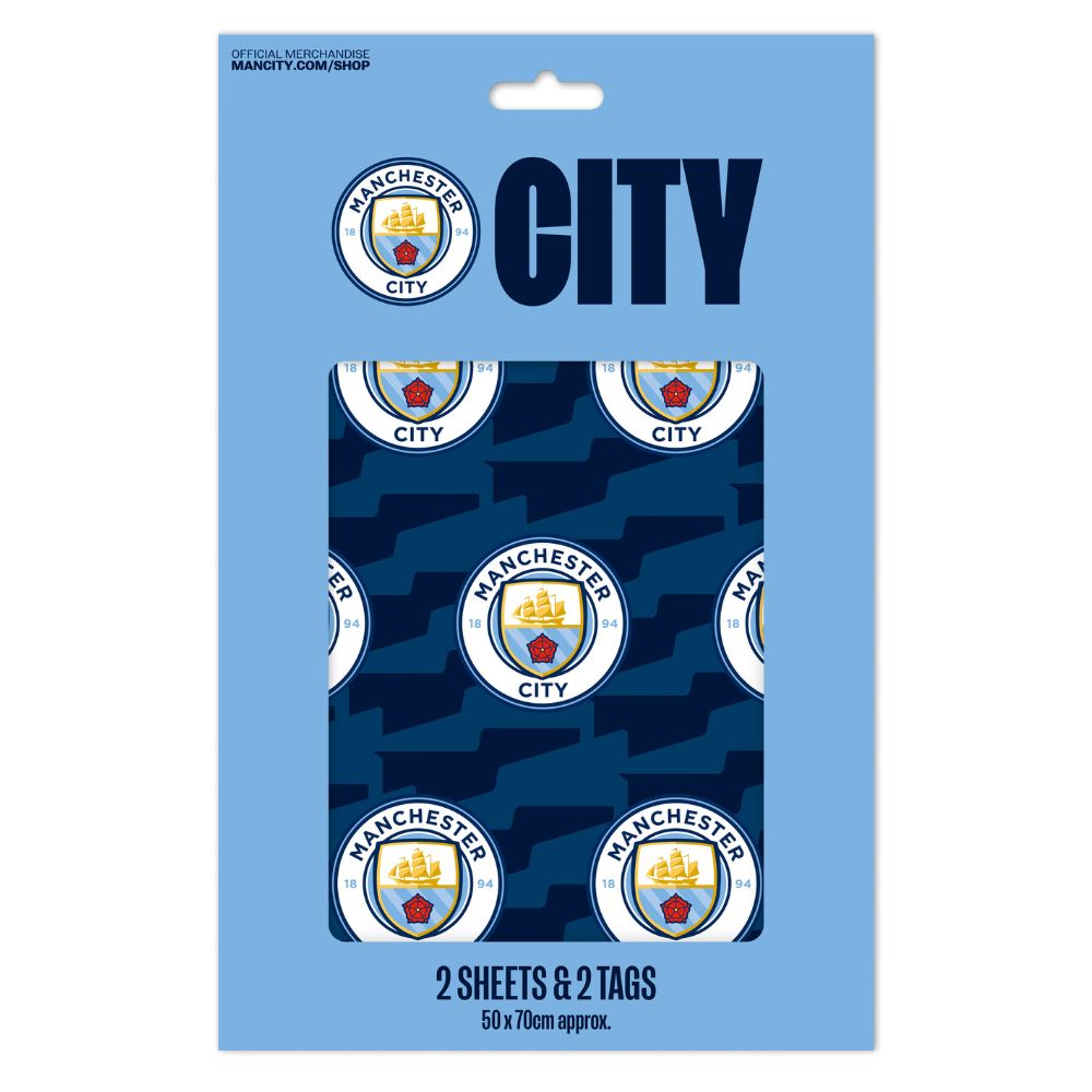 Manchester City FC Gift Wrap, 2 Sheet 2 Tag, Official Product