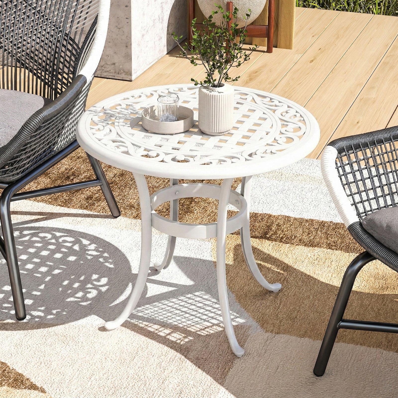 Outsunny 60cm Round Garden Table With Cast Aluminium Frame, White