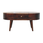 Solid Wood California Walnut Rounded Coffee Table, 2 Drawers, Dark Brown