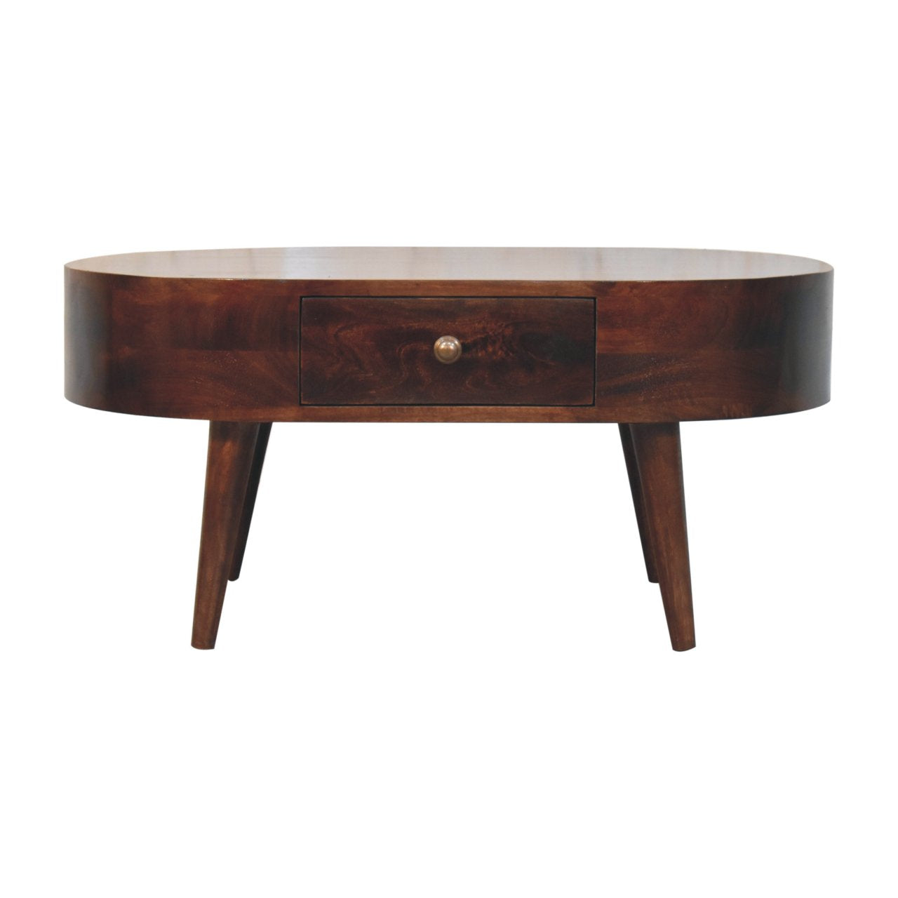 Solid Wood California Walnut Rounded Coffee Table, 2 Drawers, Dark Brown