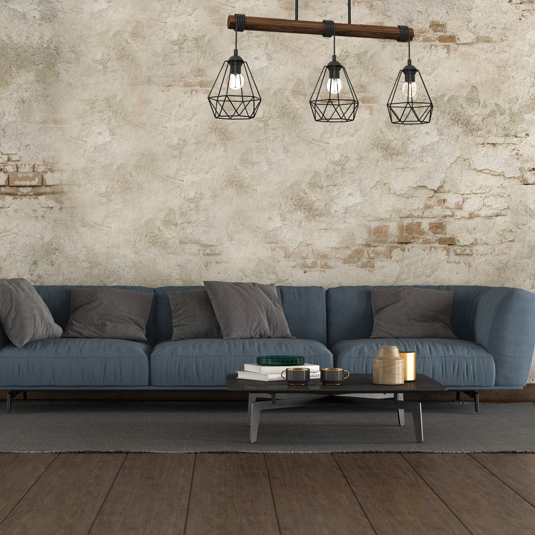 Acero Pendant Lamp 3xe27 This Hand Made Industrial Style Lamp Is Hand Made From Sleek Black Steel And Natural Dark Wood