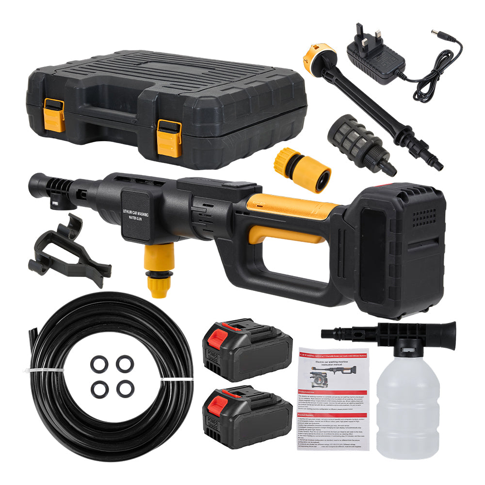 21v Cordless Handheld Pressure Washer With 2 Batteries, 5m Hose, 6-in-1 Nozzle & Foam Cannon, Portable Car And Garden Cleaner | Yellow & Black