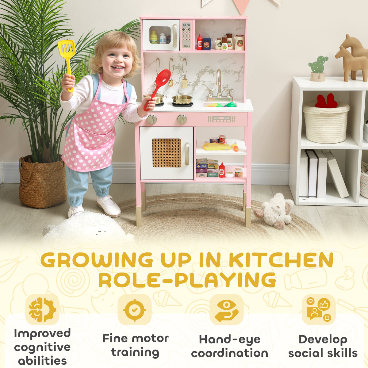 AIYAPLAY Kids Kitchen Playset With Pretend Play Kitchen Accessories, Pink
