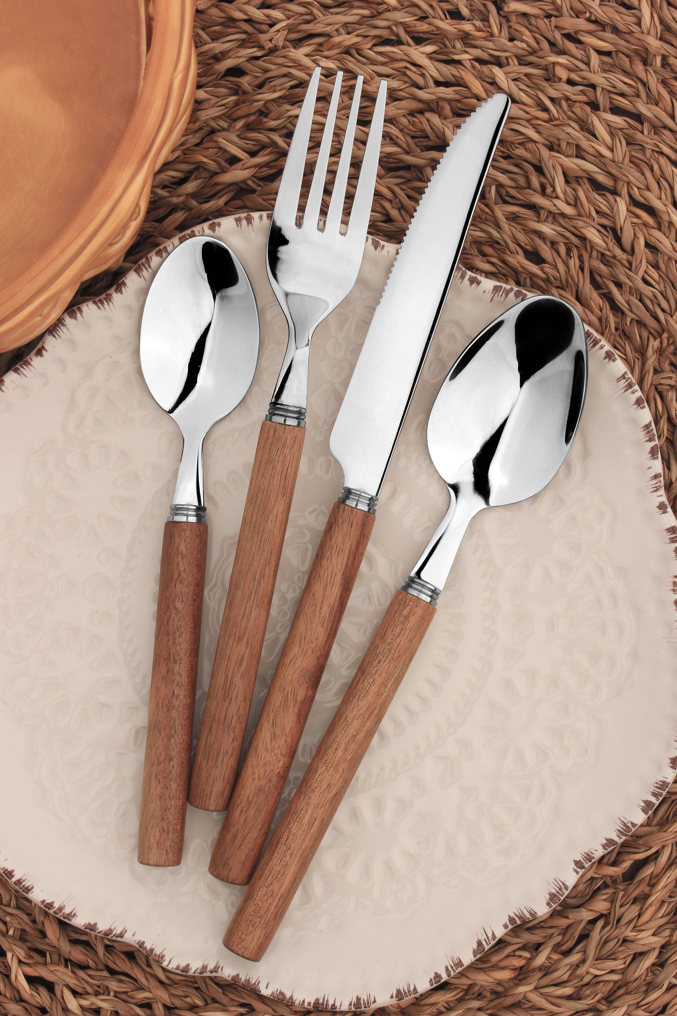 Cutlery Set Acacia Wood Handle Stainless Steel Fork Spoon | Set of 32 | Brown