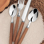 Cutlery Set Acacia Wood Handle Stainless Steel Fork Spoon | Set of 16 | Brown