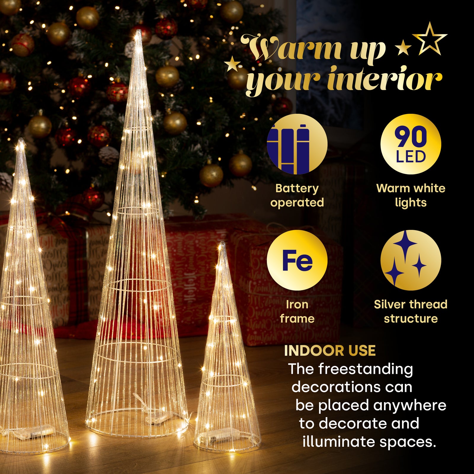 3pc Light Up Cone Tree Decorations With Warm Led Lights