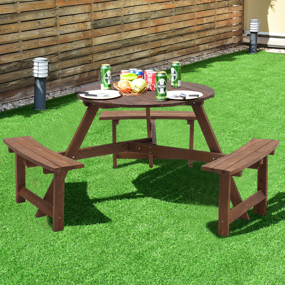 6 Seater Round Wood Picnic Table And Bench Set