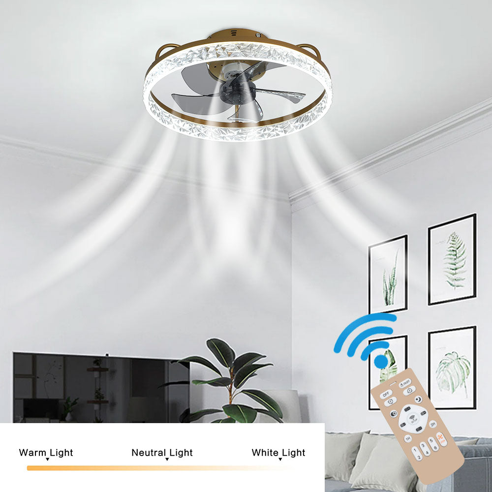 Modern Gold/black Crystal Ceiling Fan Light 48cm 30w Led With 3-color Dimming, 6-speed, 2.4g App Control, Reversible Rotation & Sleep Timer | Gold