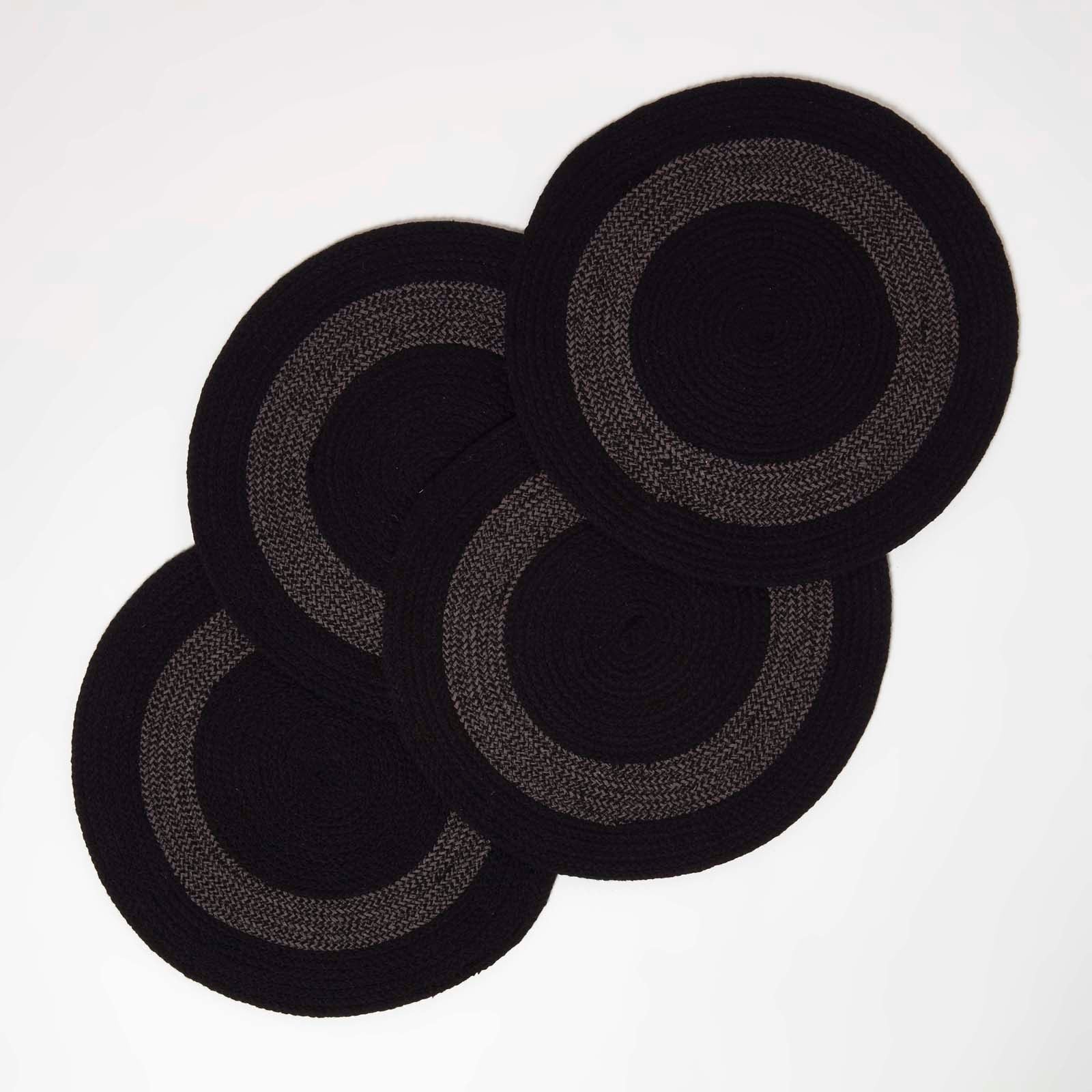 Braided 100% Cotton Round Placemats Set Of 4 | 40cm | Black & Grey