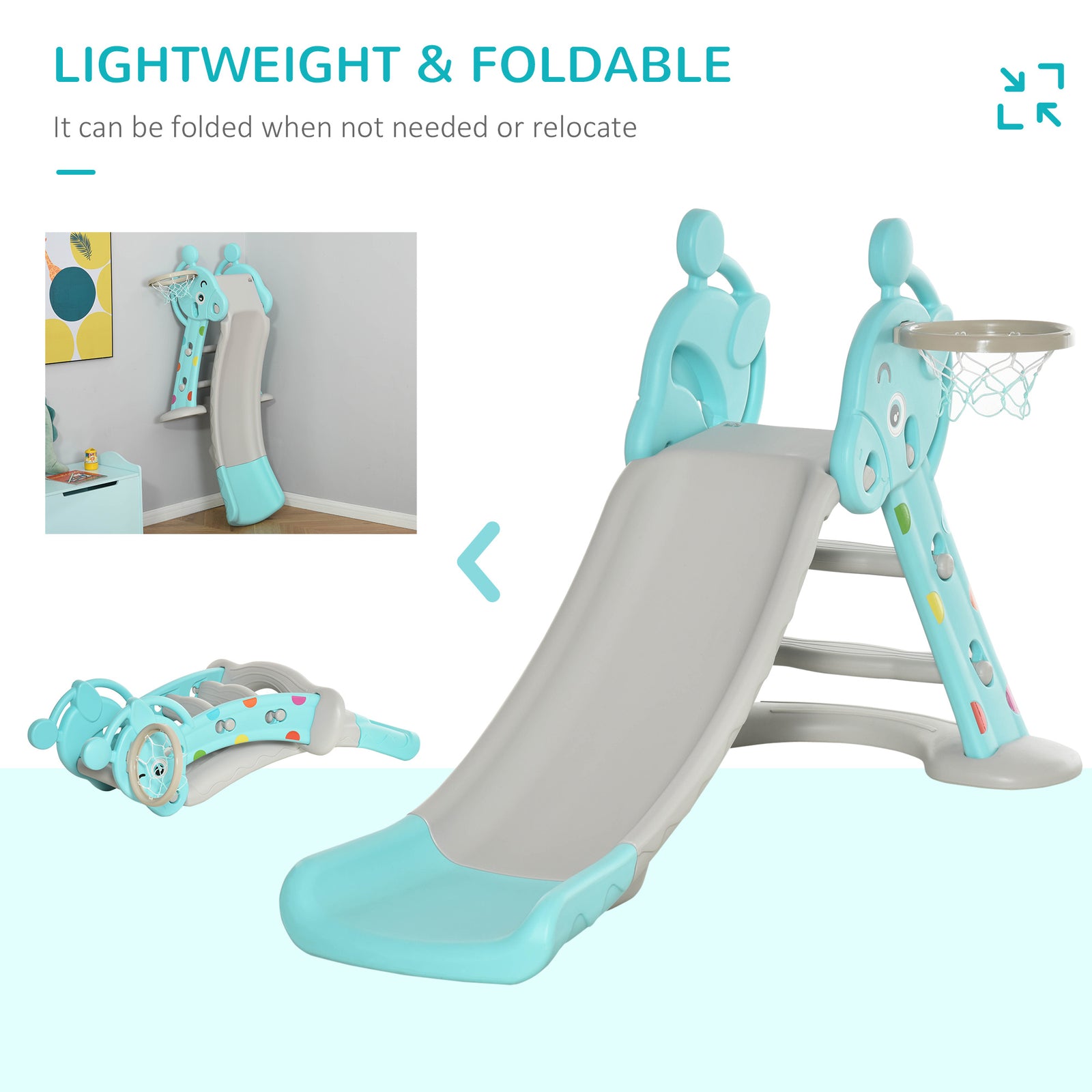 2 In 1 Kids Slide With Basketball Hoop 18 Months -4 Years Old Deer Blue