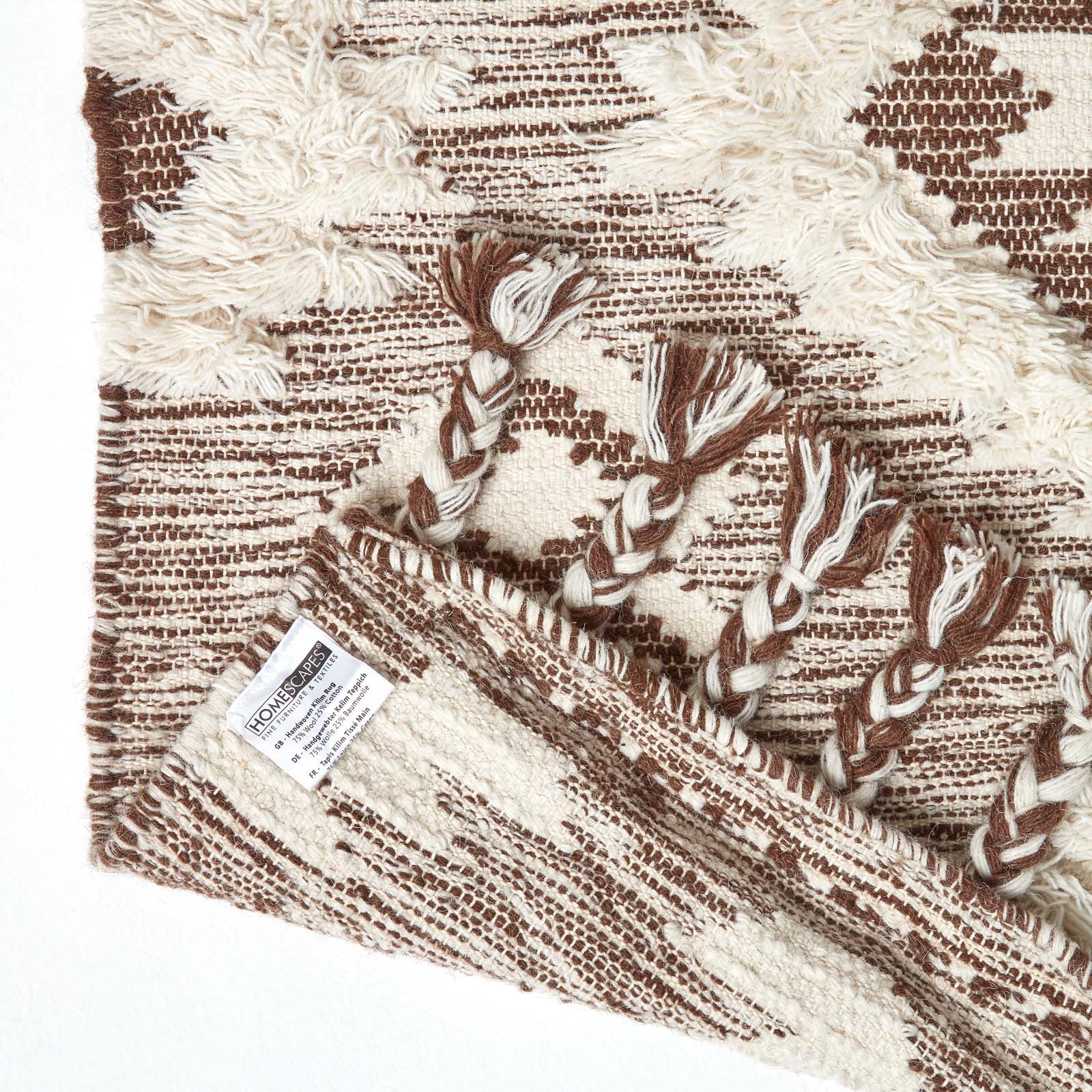 Lhasa Handwoven Brown And Cream Diamond  Kilim Wool Rug | 120cm x 180cm | Cream & Brown