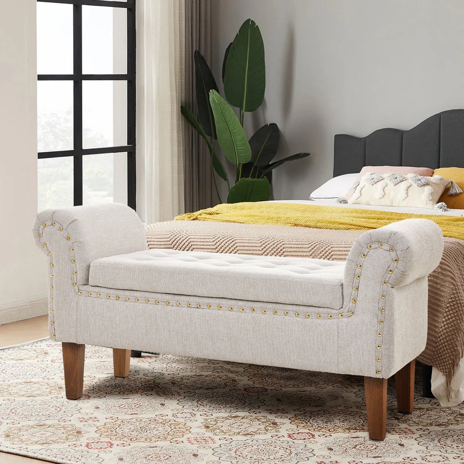 Linen Upholstered Storage Bench | Beige