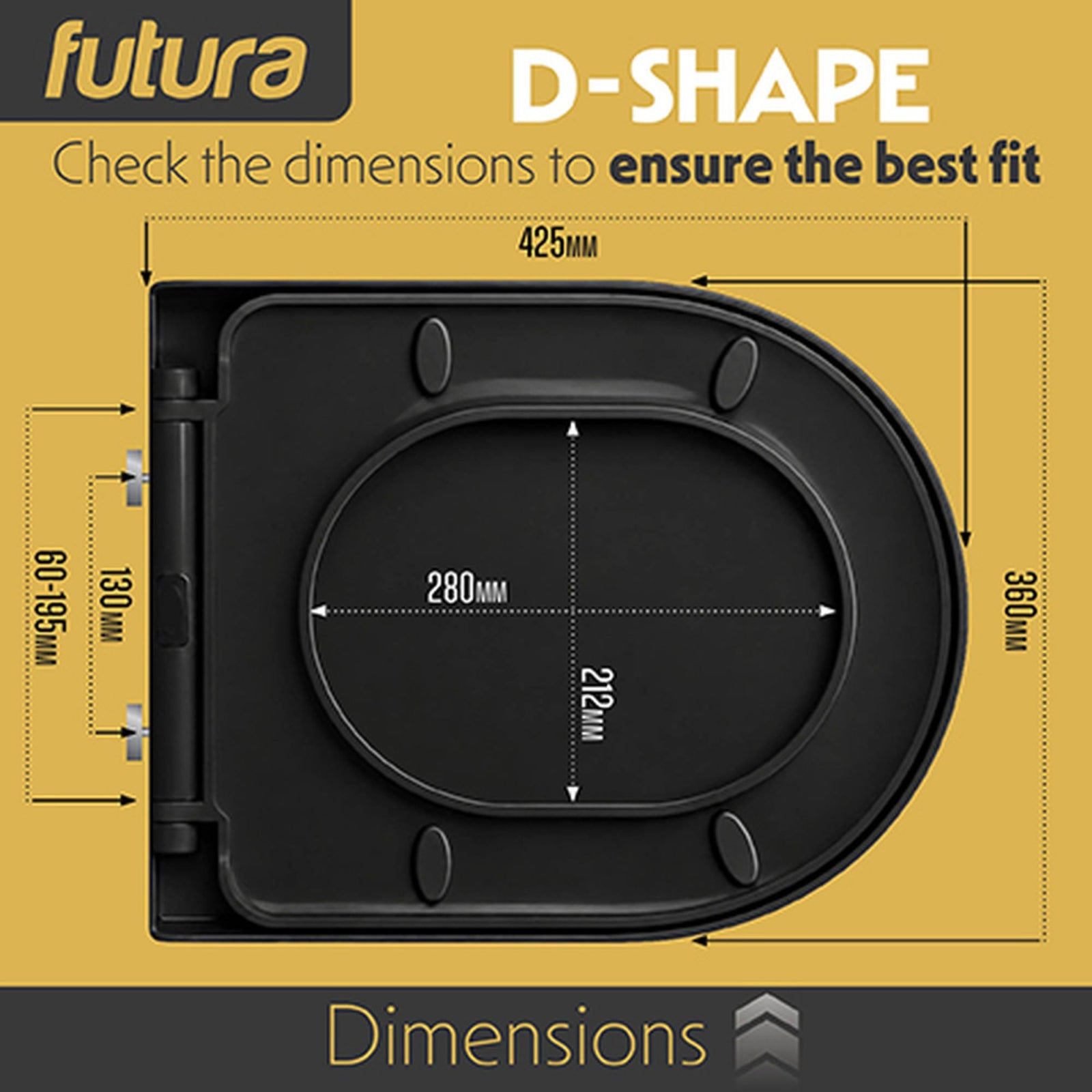 Toilet Seat Soft Close D Shape, Premium Thermoplastic, Quick Release, Top & Bottom Fixings | Black