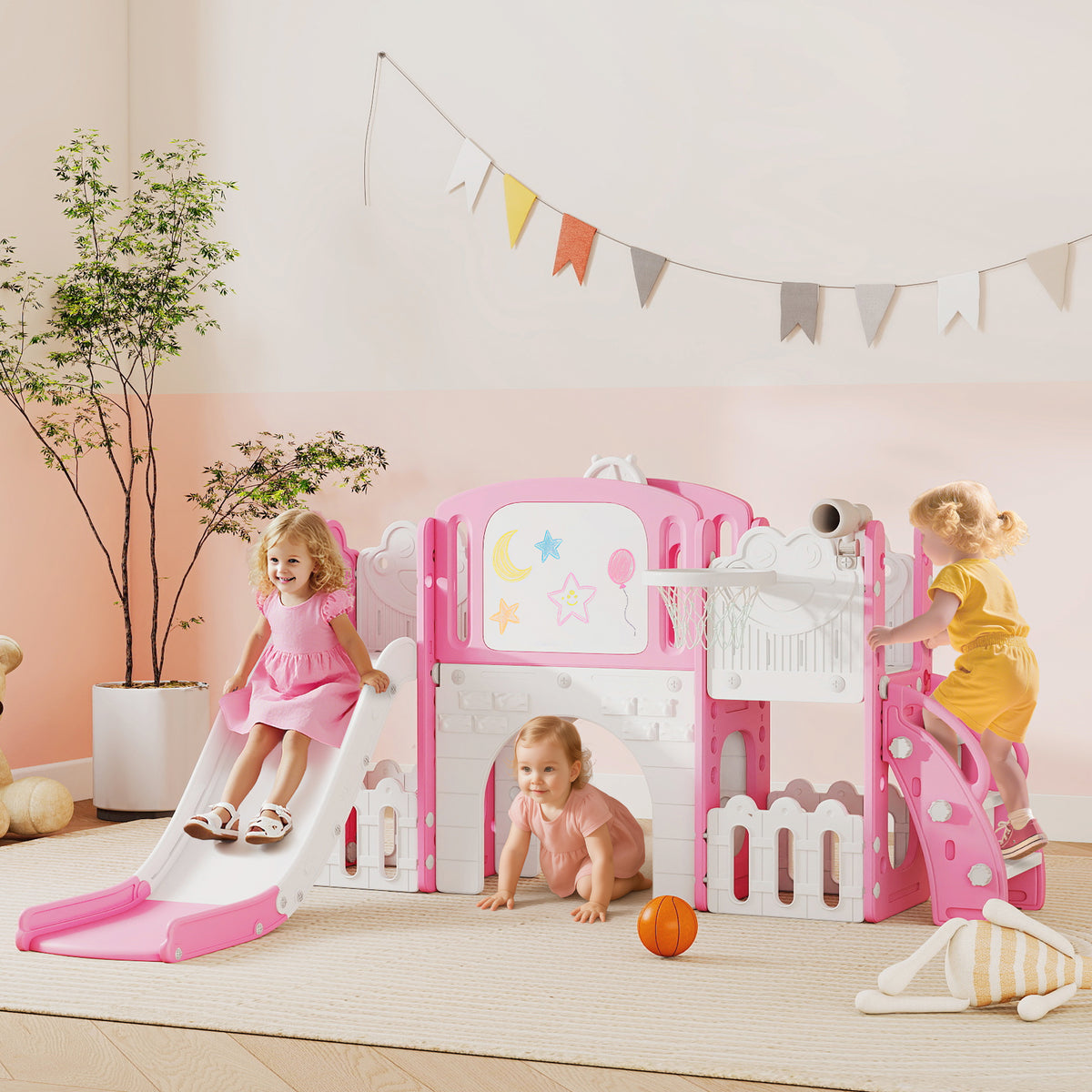 7 In 1 Toddler Slide Set, Frog Theme Playset With Basketball Hoop | Pink