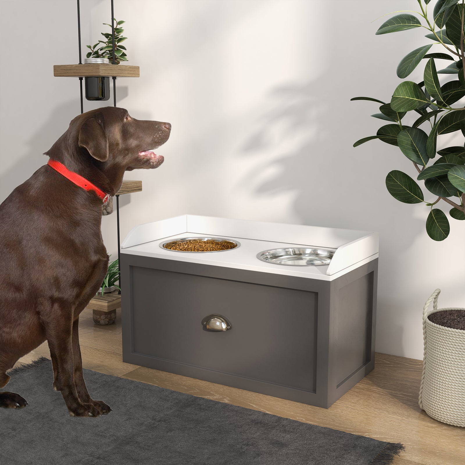 Stainless Steel Raised Dog Bowl W/ 21l Storage Drawer, For Large Dogs | Gray