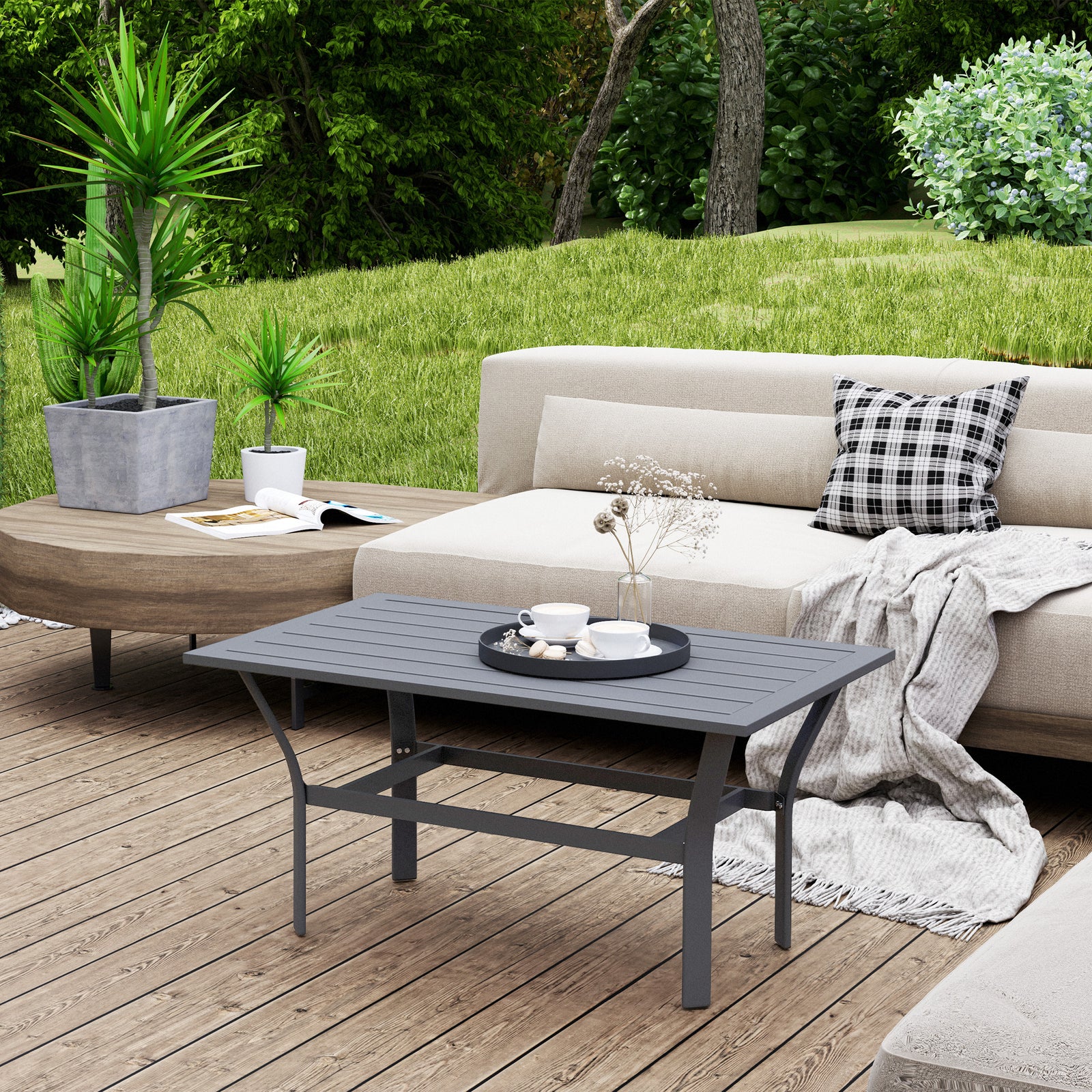 Metal Garden Coffee Table W/ Slatted Tabletop