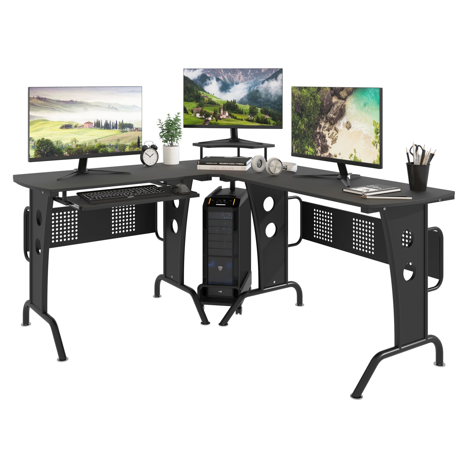 Space-saving Corner Desk, Steel Frame, Cpu Rack