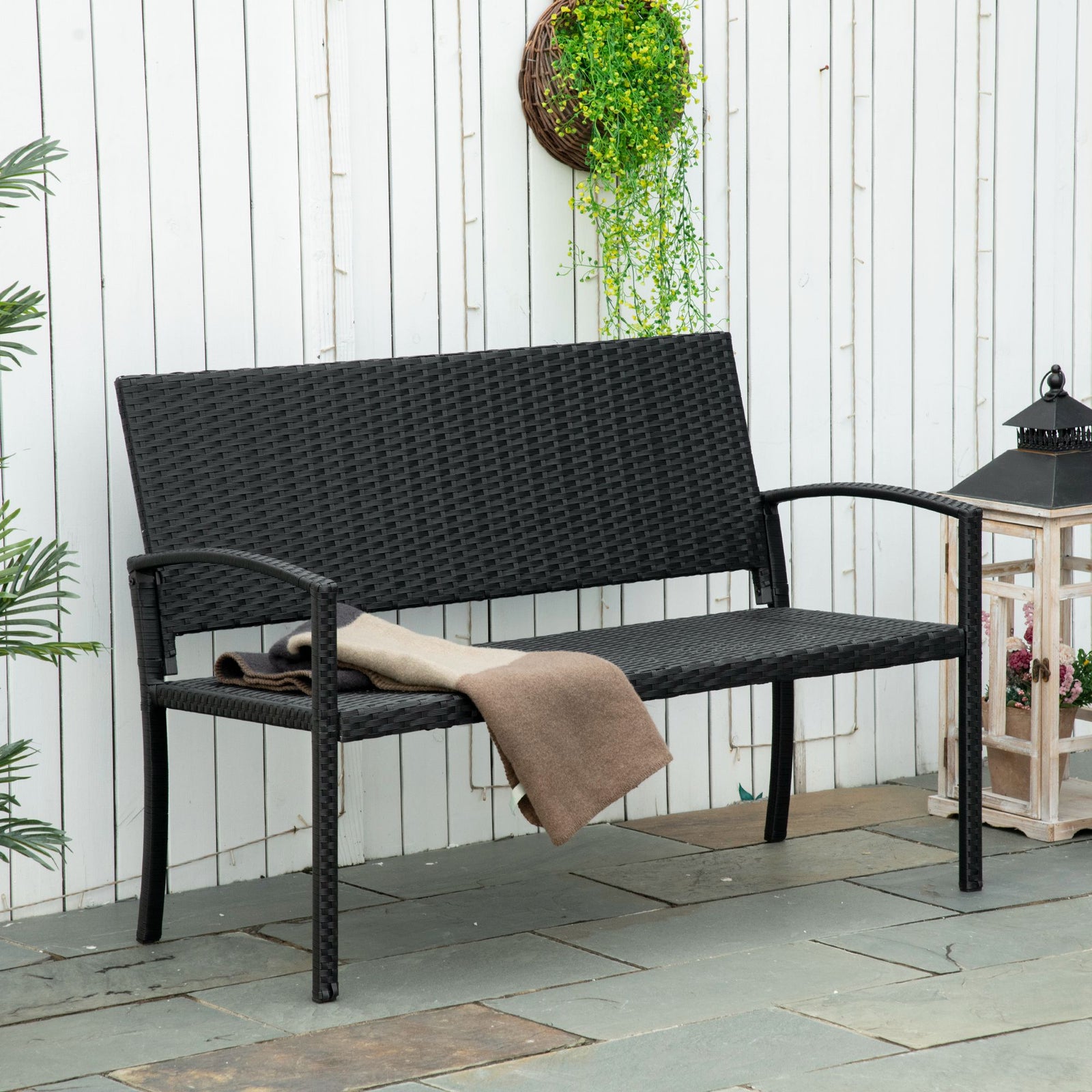 Patio Rattan 2 Seater Garden Bench Love Seater Garden | Black