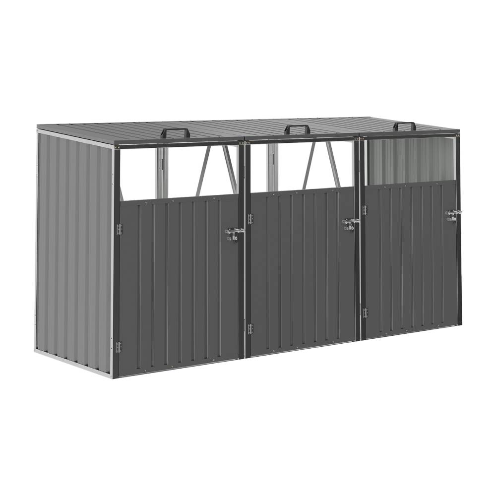 3 Bin Storage Shed – Heavy-duty Galvanized Steel Outdoor Bin Store With Lift-up Lids & Lockable Doors | Grey