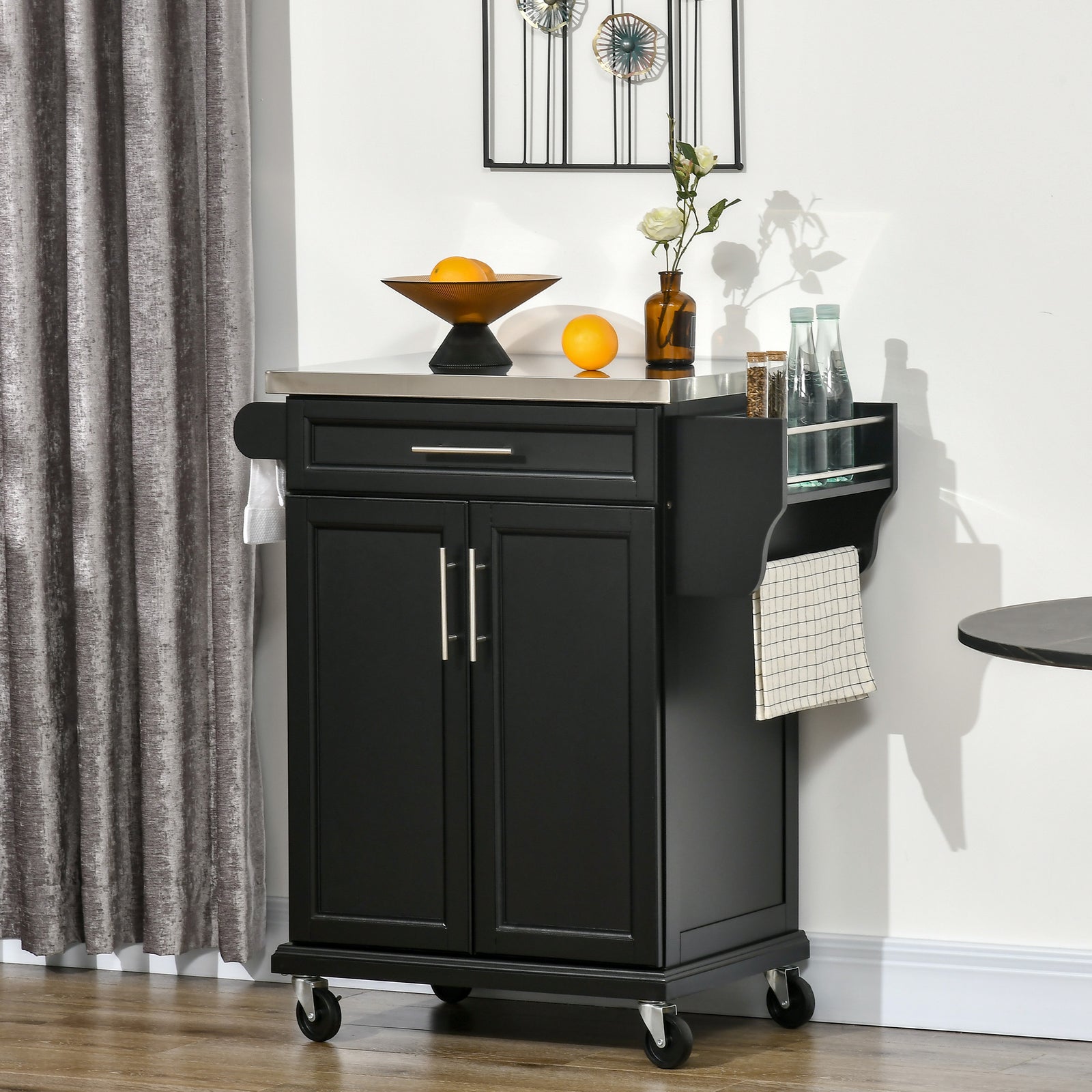 Kitchen Cart Storage Trolley W/ Drawer Cupboard Towel Rail | Black