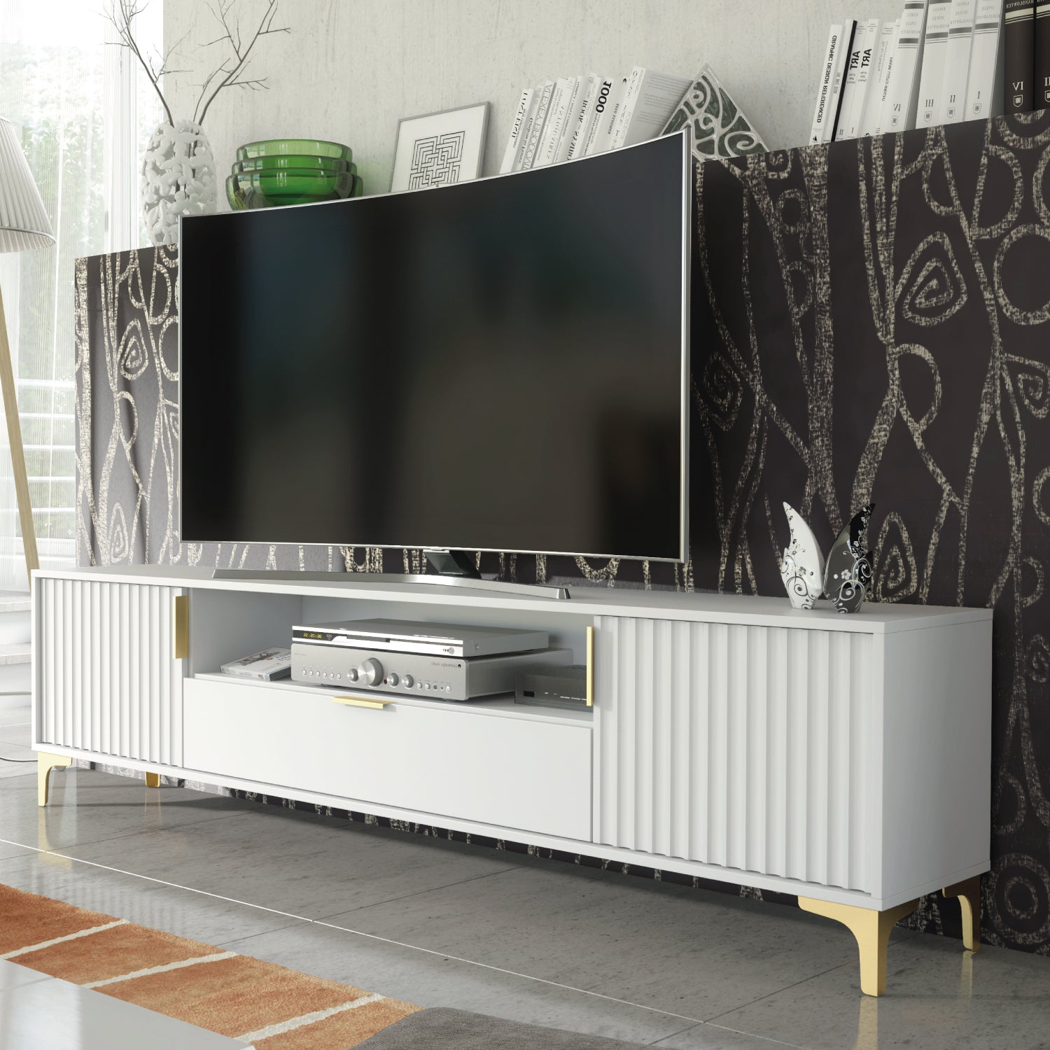 Tide Crest Gold Tv Unit 200cm - Fluted Design | White