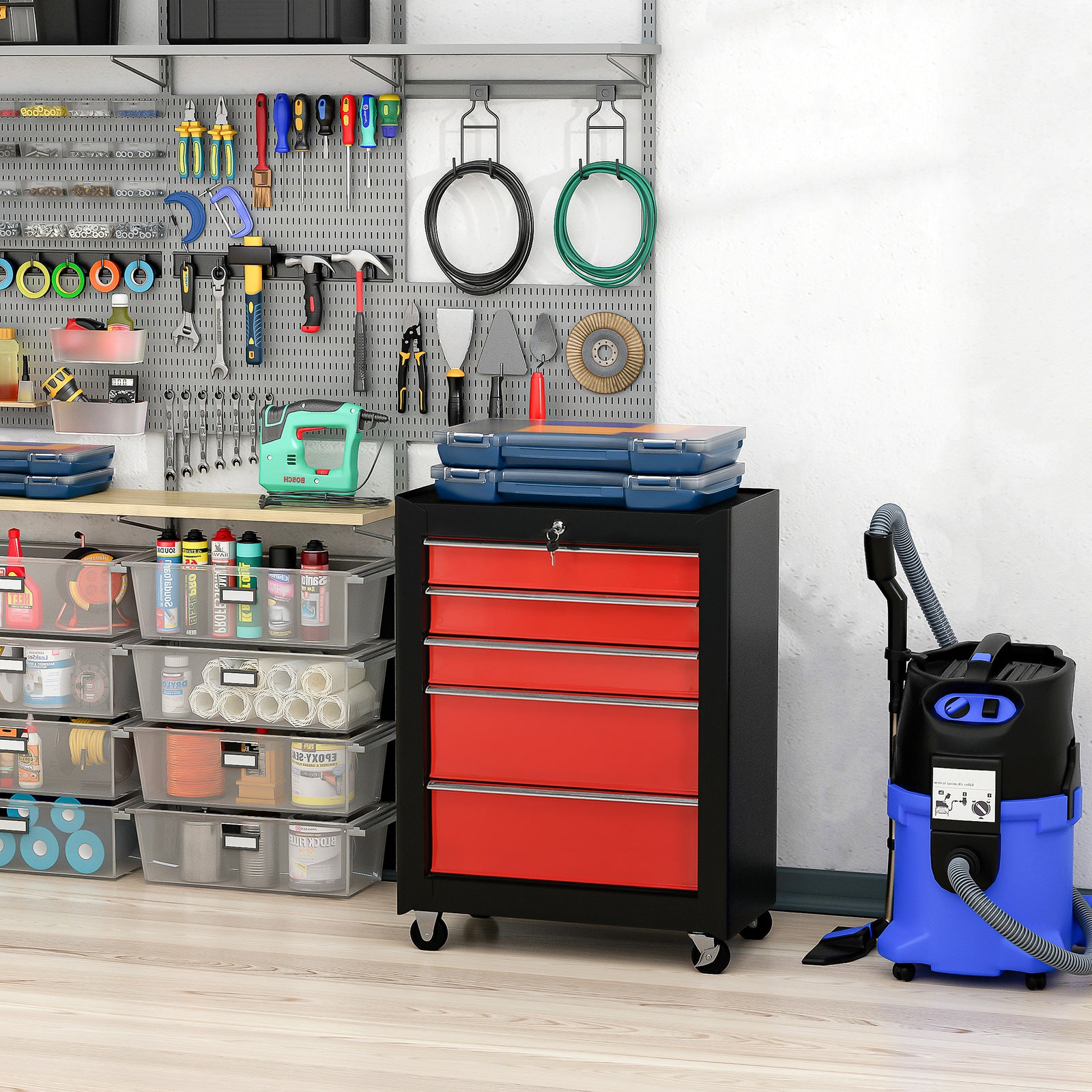 5-drawer Lockable Tool Cabinet With Wheels | Red
