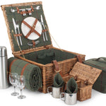 Deluxe Green Tweed Fitted Picnic Wicker Basket | 2-Person | Green