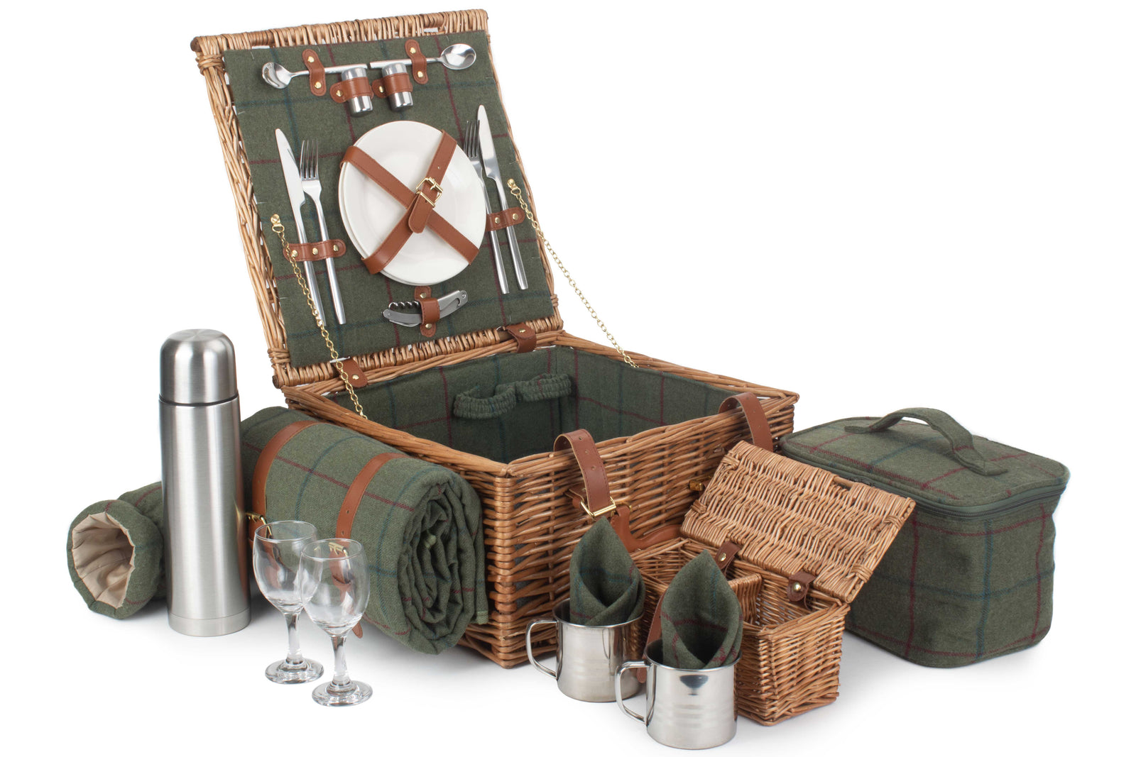 Deluxe Green Tweed Fitted Picnic Wicker Basket | 2-Person | Green