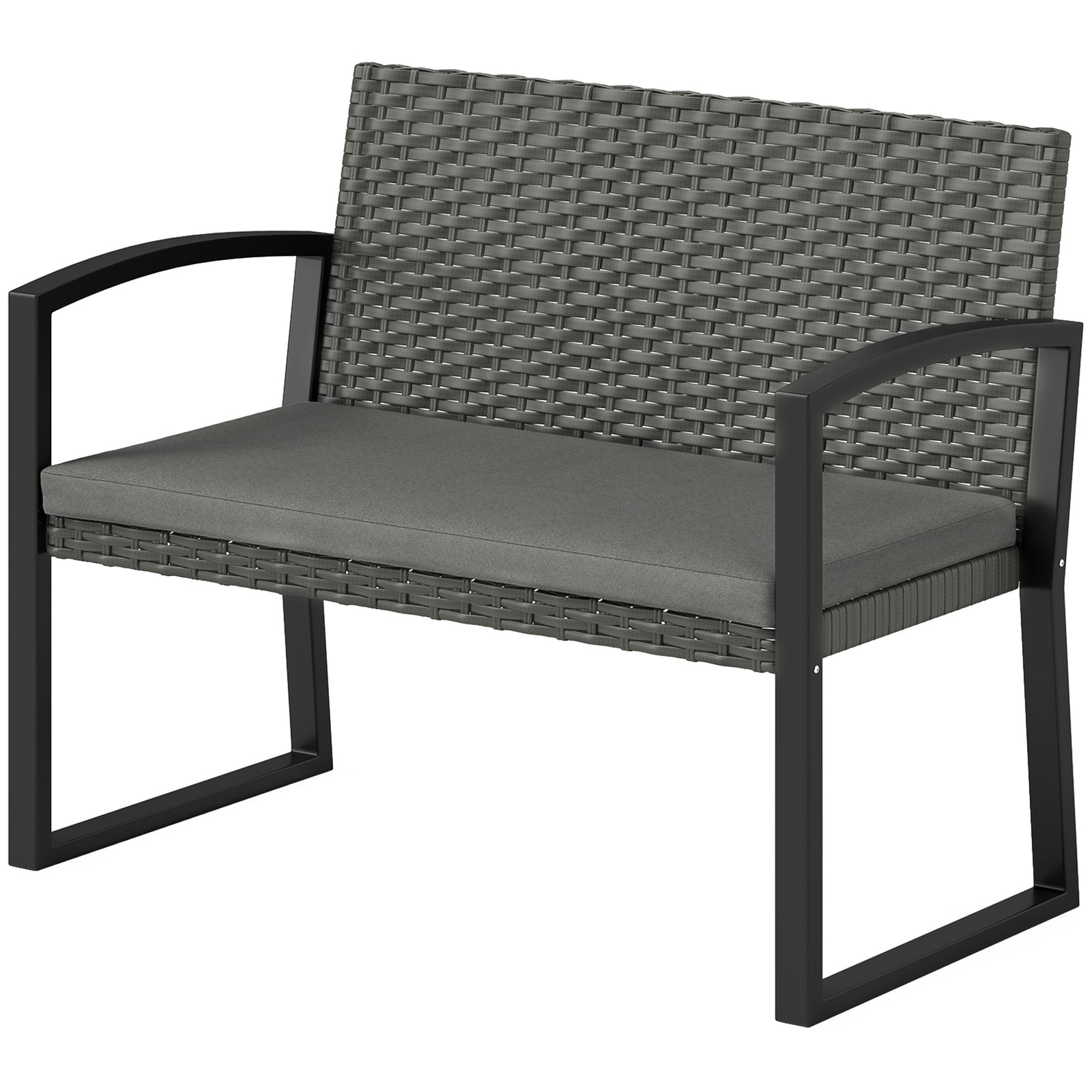 2 Seater Rattan Garden Bench With Cushion, Steel Frame | Dark Gray