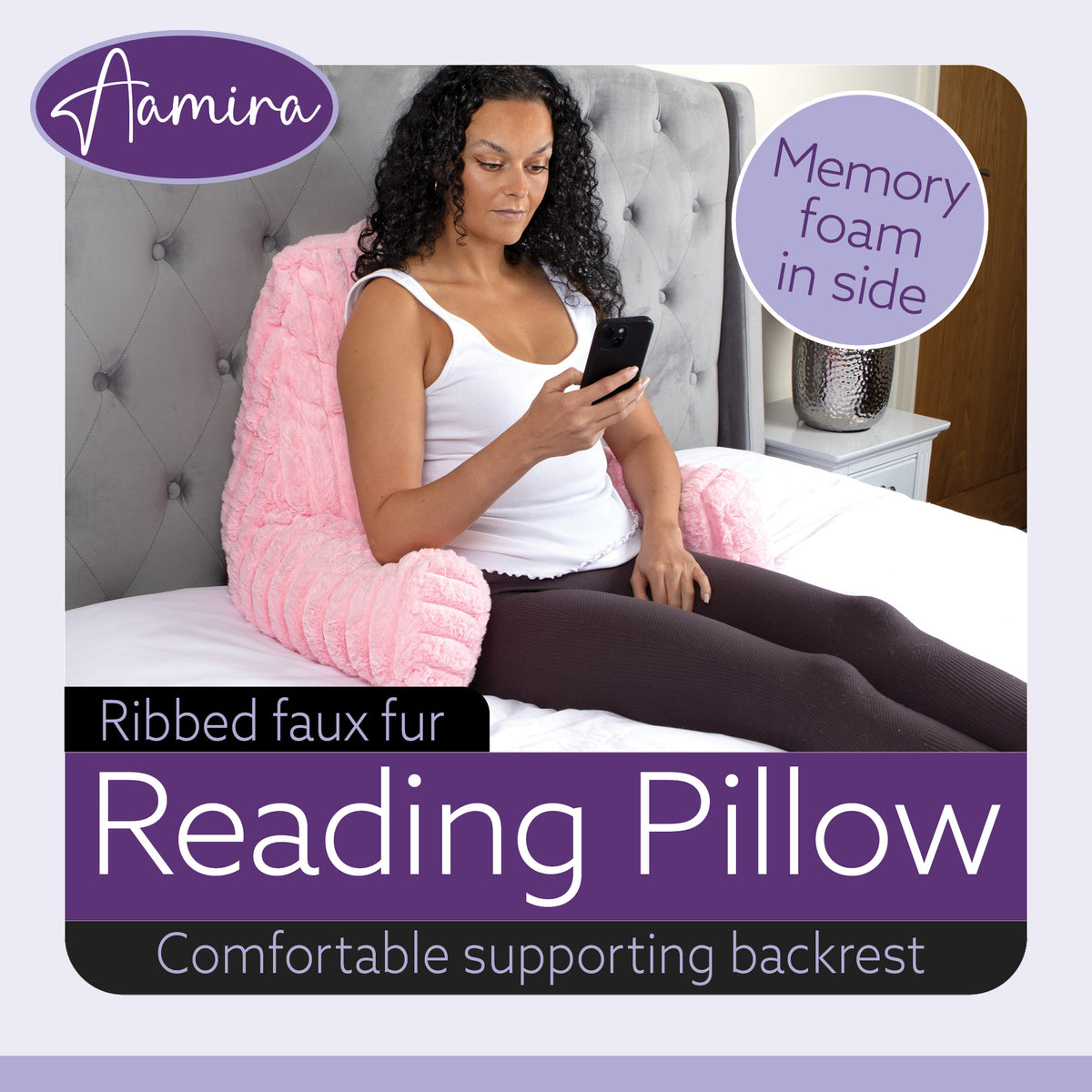 Deluxe Large Reading Pillow, Soft Ribbed Faux Fur, Shredded Memory Foam Cuddle Cuddle Cushion Backrest Arm Support | L | Pink