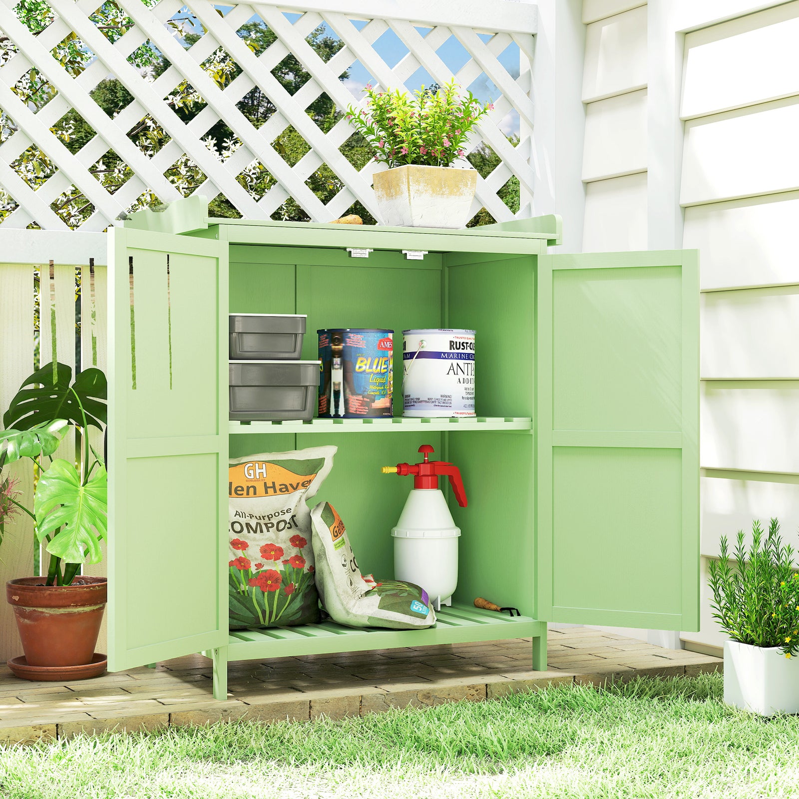 Wooden Garden Storage Shed Hinged Roof & Shelf Light Green