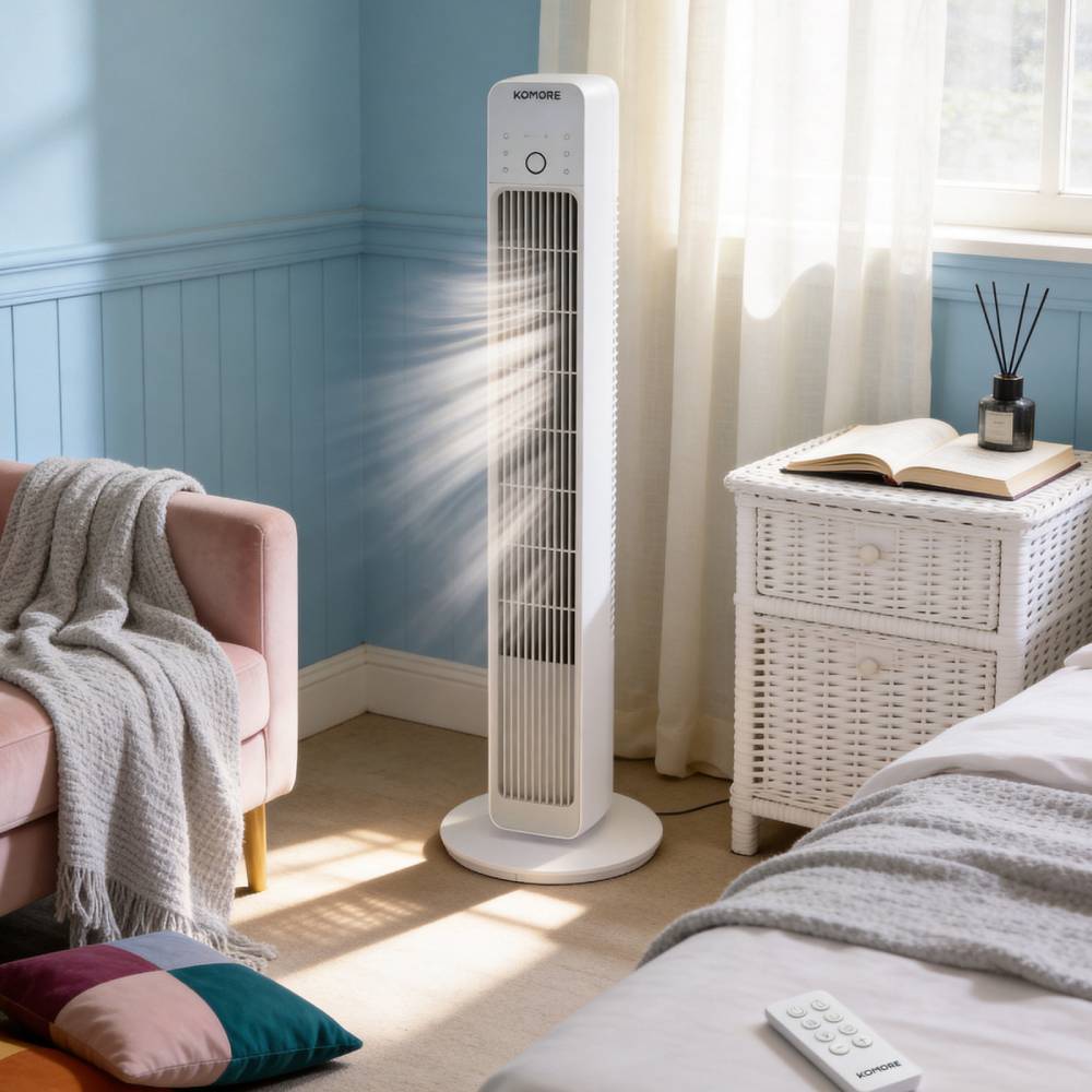 Smart Bladeless Tower Fan with Remote, 12-Speed Cooling, 90° Oscillation, Air Purification & 12H Timer