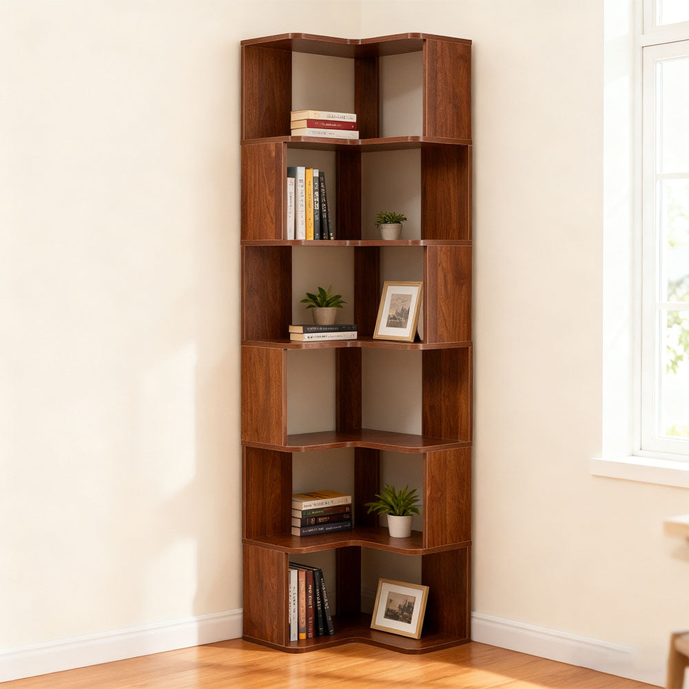 5-tier/6-tier Wooden L-shaped Corner Storage Shelf | Large | Walnut