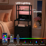 Levede Bedside Table With Charging Station,led Light 2 Drawers Storage Black