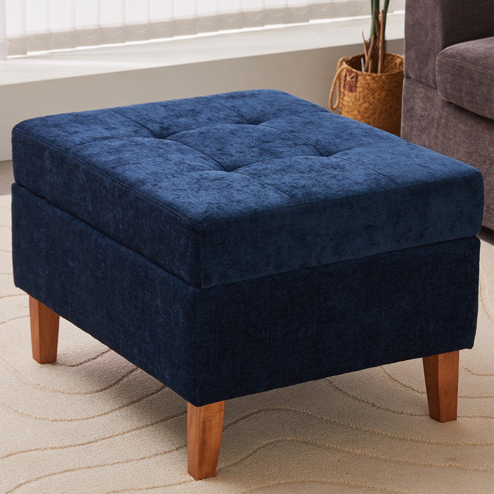 Chenille Upholstered Storage Ottoman With Rubberwood Legs – Modern Footstool With Hidden Storage, 71.5 X 59 X 33.5 Cm | Blue