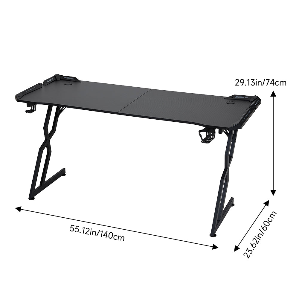 120cm/140cm/160cm W Gaming Desk With Mouse Pad, Cup Holder & Headphone Hook Sturdy Computer Table With Led Lights | Medium | Black