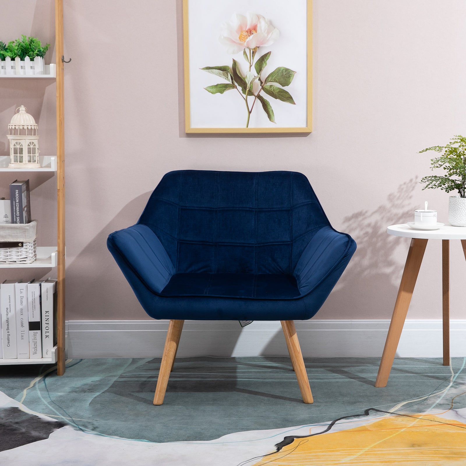 Velvet-feel Accent Chair With Arms Slanted Back Wood Legs | One Size | Blue