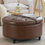 Round Pu Leather Upholstered Storage Ottoman With Lift-top & Flip Design | Brown