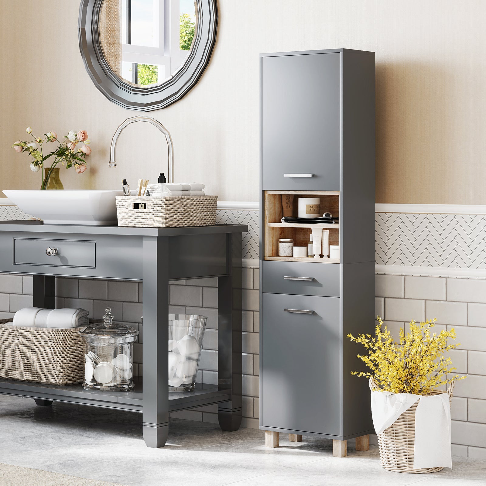 Bathroom Storage Unit With Open Shelves And Drawer
