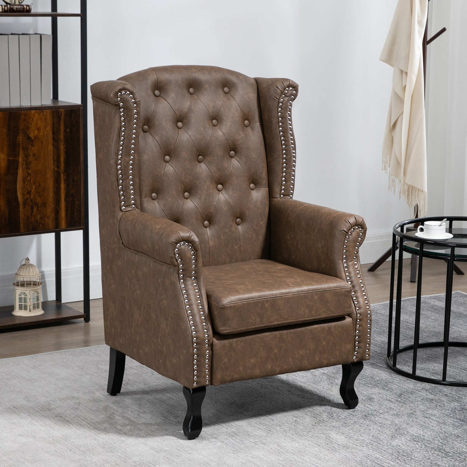 Chesterfield Style Wing Back Armchair Tufted Accent Chair | One Size | Brown