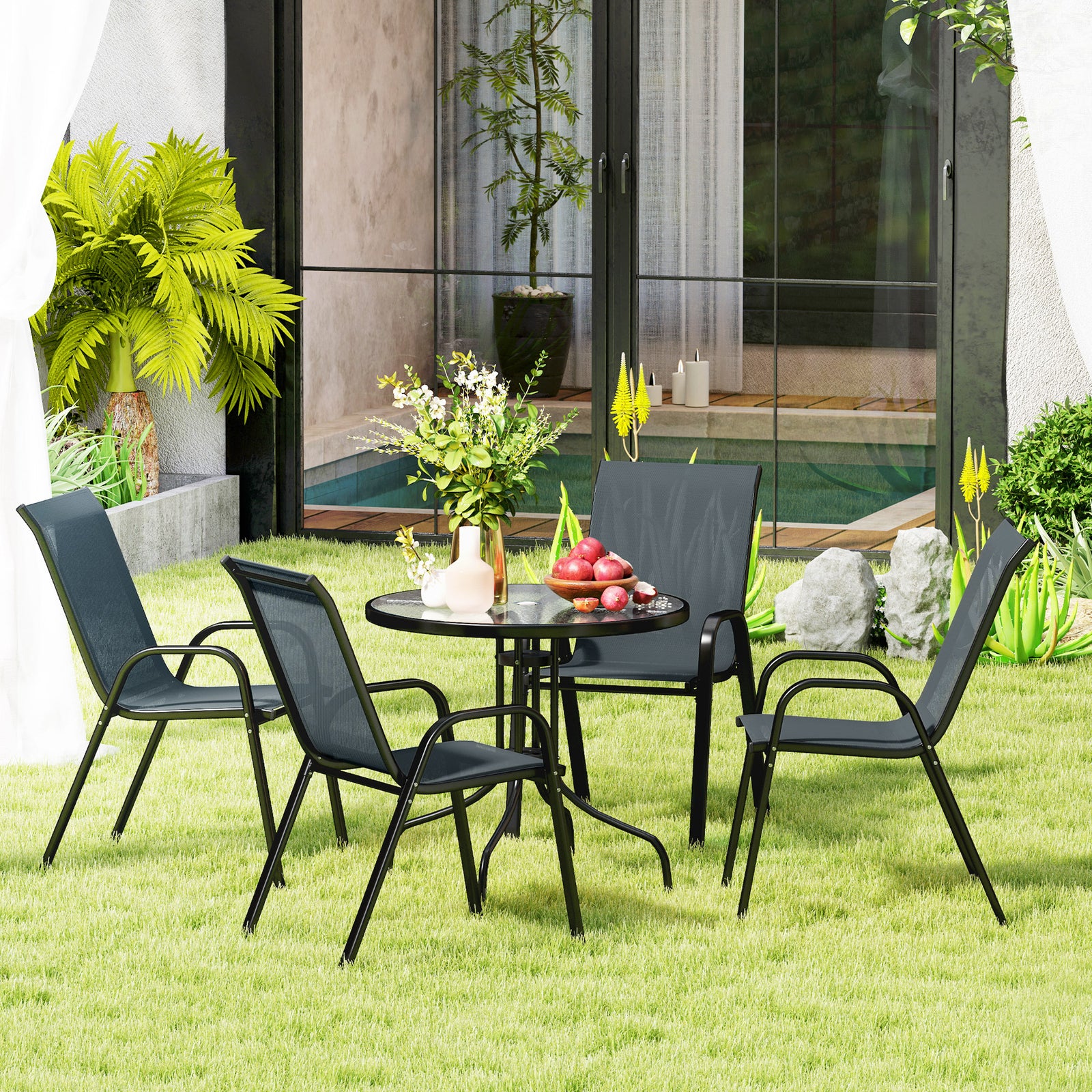 5 Pcs Garden Furniture Set, Round Table And Stackable Chairs | Dark Gray